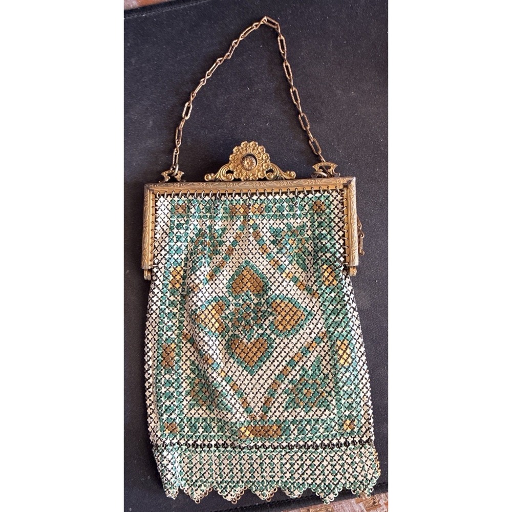 Antique Art Deco Floral Mandalian Enamel Mesh Flapper Purse Bag Ornate Frame (19